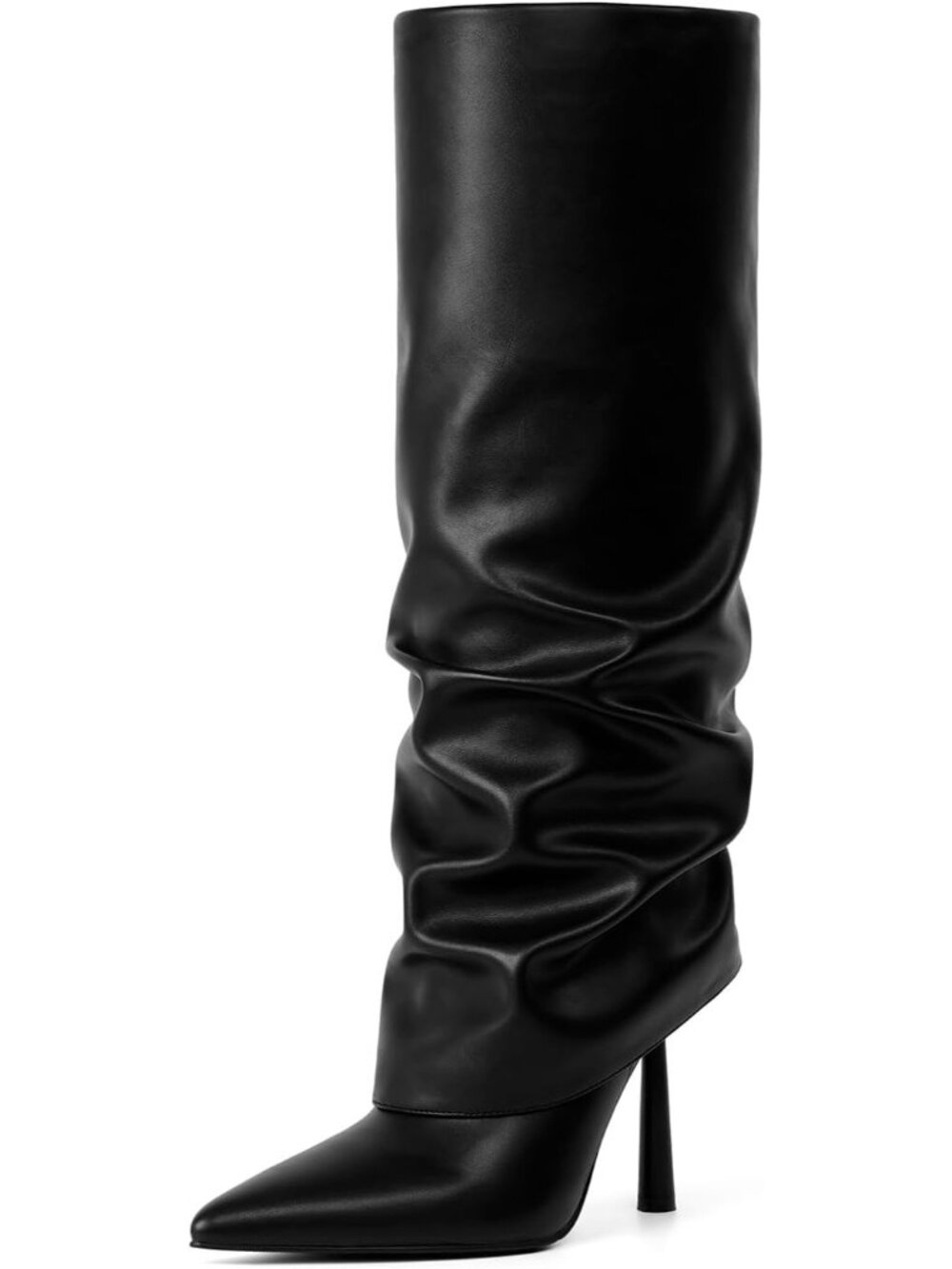 Women's Black Faux Leather Pointed Toe Stylish Heel Fold Over Knee High Boots